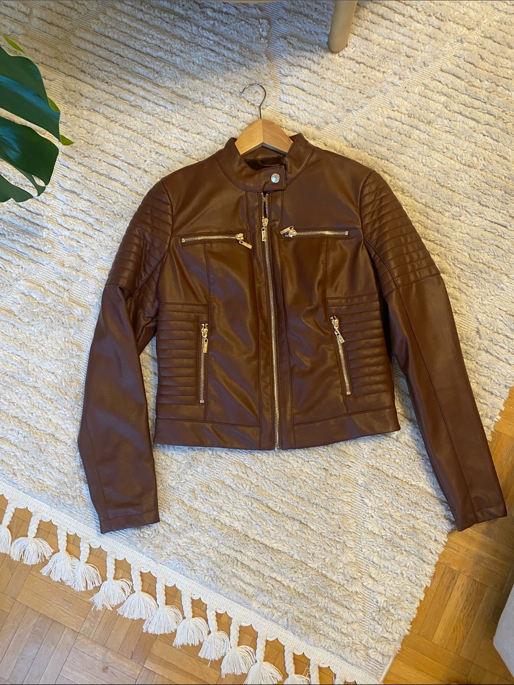Guess Classic Brown Faux Leather Moto Jacket - Women's